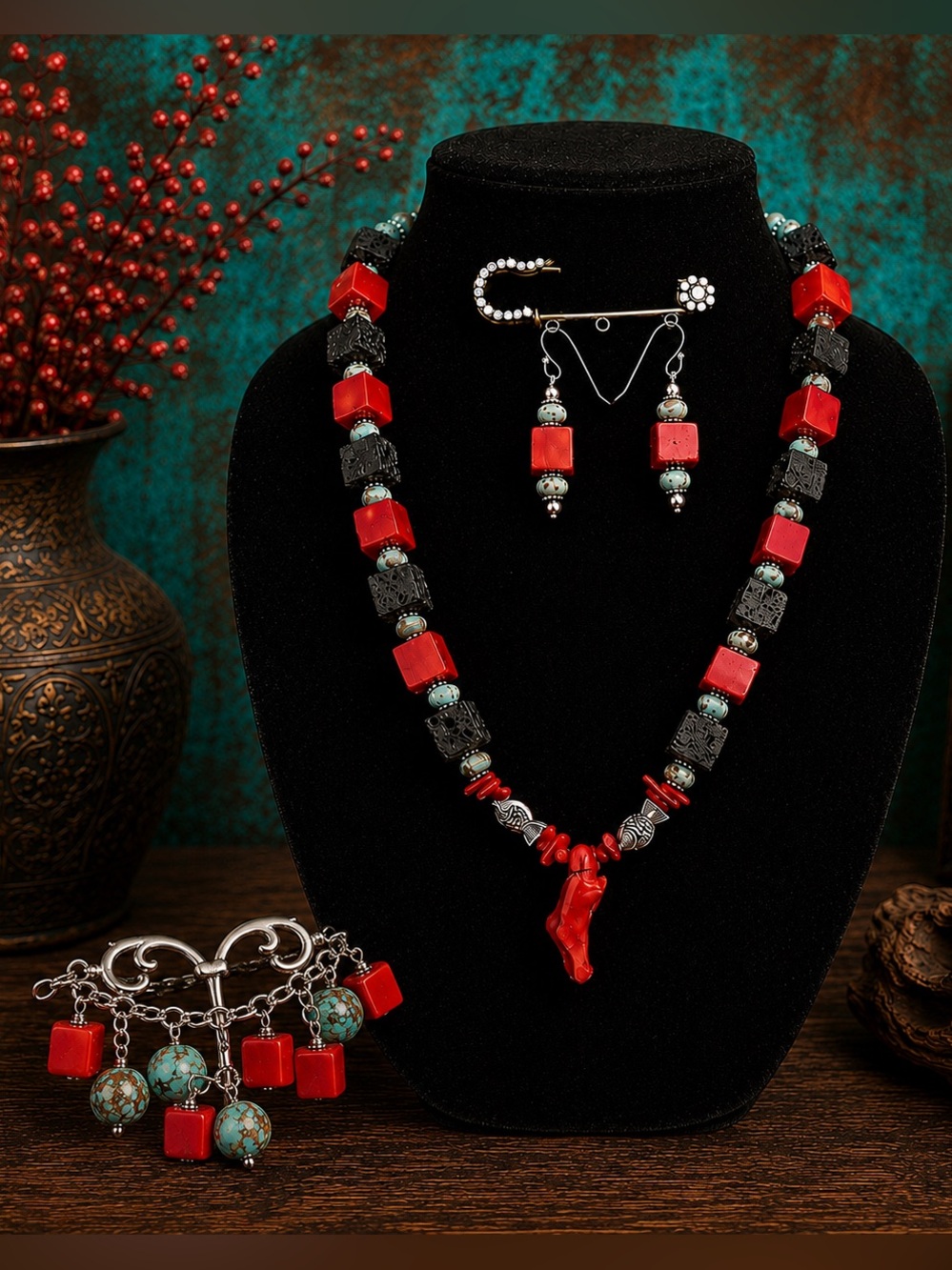 Red Cubed Coral Beads, Serpentine Jasper & Black Lava Stone Beaded Jewelry Set